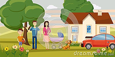 Family horizontal banner garden, cartoon style Vector Illustration