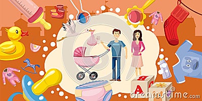 Family horizontal banner goods, cartoon style Vector Illustration