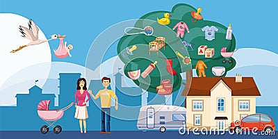 Family horizontal banner tree, cartoon style Vector Illustration