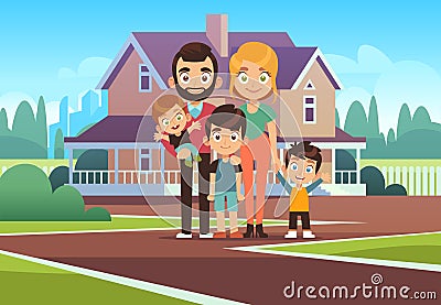 Family house. Happy young parents father mother son daughter kids outdoors front home building lifestyle cartoon vector Vector Illustration