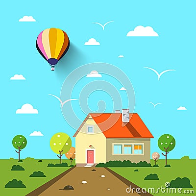 Family House with Road and Hot Air Balloon Vector Illustration