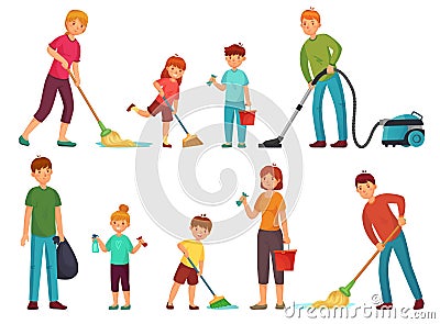Family housework. Parents and kids clean up house, cleaning with vacuum cleaner and wash floor cartoon vector illustration set Vector Illustration