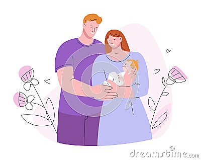 Family hug newborn baby. Mom and dad hold infant, smile young parents together. Support and care, parenthood concept Vector Illustration