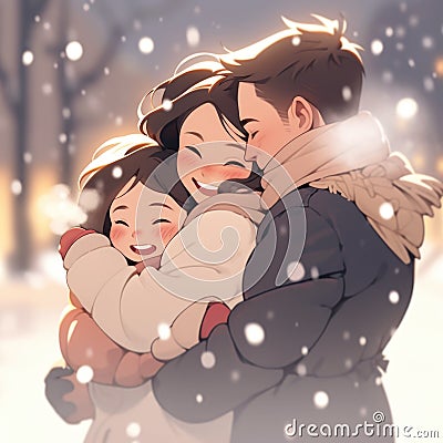 A family hugging in the snow, AI Stock Photo