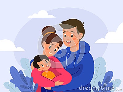 Family hugs. Little boy in parents arms, happy mom, dad and son, loving embrace, funny couple with child. Smiling man Vector Illustration