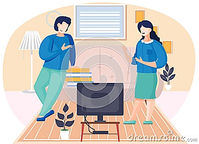 Family husband and wife talking together in the room. Home livingroom with couch and televisor Stock Photo