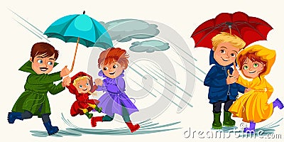 Family husband and wife walking rain with umbrella in hands, raindrops dripping into puddles, dad and mom holding baby Vector Illustration