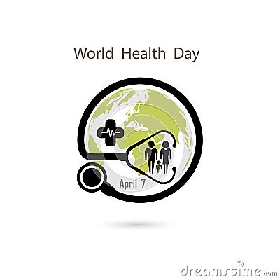 Family icon,Globe sign and stethoscope vector logo design template.World Health Day icon.World Health Day idea campaign concept. Vector Illustration