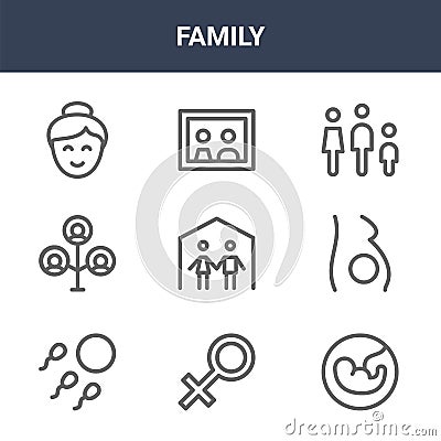 9 family icons pack. trendy family icons on white background. thin outline line icons such as fetus, pregnant, family . icon set Vector Illustration