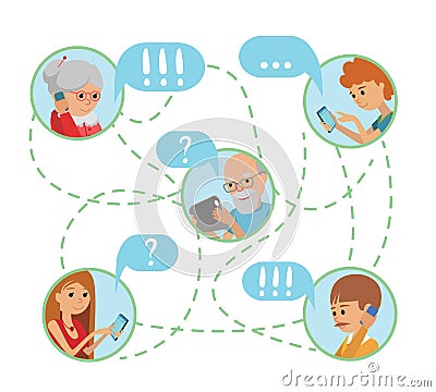 Family illustration flat style people faces online social media communications. Cartoon Illustration