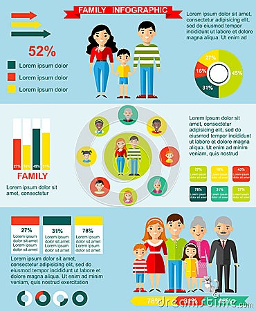 Family infographics set with parent, children Vector Illustration