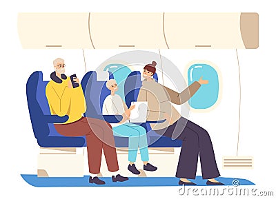 Family Inside of Plane. Father, Mother and Son Sitting on Armchairs with Gadgets Communicate and Admire Window View Vector Illustration