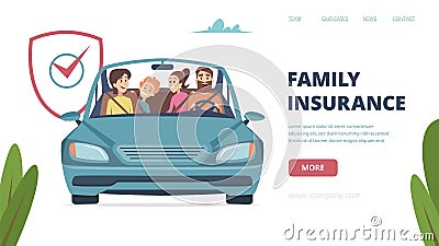 Family insurance landing page. Insurance banner with happy family in car. Cartoon parents with kids vector illustration Vector Illustration