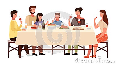 Family at an Italian-style evening dinner. Relatives are communicating at the dining table Stock Photo