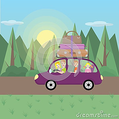 Family journey by car to nature. Father, mother, son-teen and little daughter go on a trip. Illustration in a cartoon style. Flat Vector Illustration