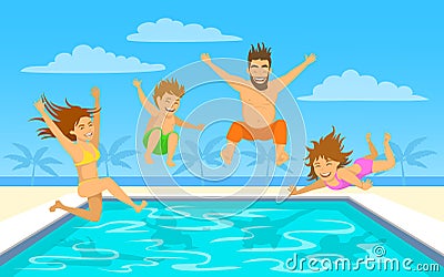 Family jumping diving into pool Vector Illustration