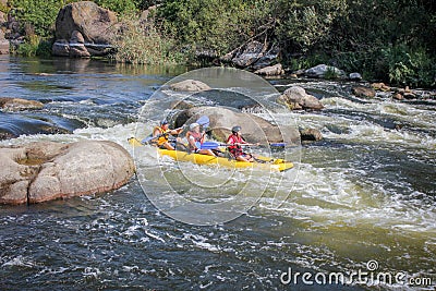 Family kayaking on the river. Rafting on the Southern Bug River Editorial Stock Photo