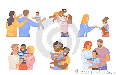Family kids adoption. Multicultural parents adopt child, adopted kid, love foster orphan children, charity relationship Vector Illustration