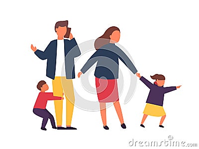 Family with kids. Busy and tired parents with naughty children. Vector illustration Vector Illustration