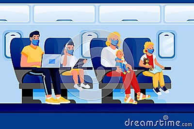 Family with kids in protection masks travel by airplane. Vector illustration. Air travel new rules, safe flight concept Vector Illustration