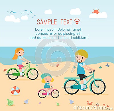 Family and kids riding bikes on beach Vector Illustration
