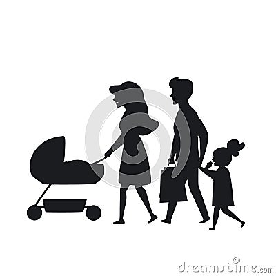 Family with kids walking silhouette vector illustration Vector Illustration
