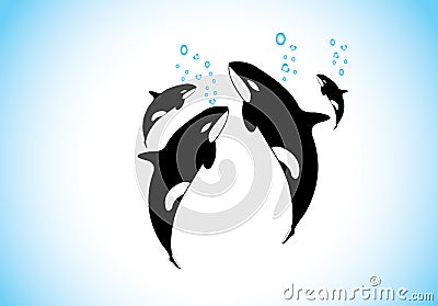 Family of killer whales swim & breathing together inside ocean Vector Illustration