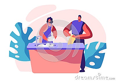 Family Kitchen Cleaning Time. Housework, Chores Domestic Working Dishes, Cleanliness and Routine. Person Dry Plate Vector Illustration