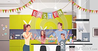 Family Kitchen Interior Celebrate Easter Holiday Decorated Colorful Eggs Greeting Card Vector Illustration