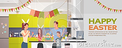 Family Kitchen Interior Celebrate Easter Holiday Decorated Colorful Eggs Greeting Card Vector Illustration