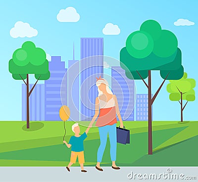 Family Leisure in City Park, Mom and Son Vector Vector Illustration