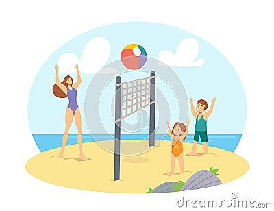 Family Leisure, Vacation. Mother and Children Playing Beach Volleyball on Sea Shore. Happy Characters Summer Competition Vector Illustration