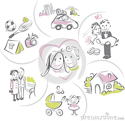 Family life of a couple, funny vector illustration Vector Illustration