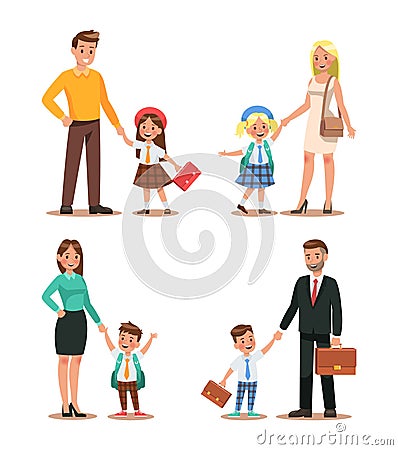 Family lifestyle. Parents take their children to the school in the morning. Happy kids go to school. No.2 Vector Illustration