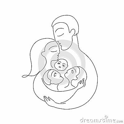 Happy hug line art family Vector Illustration