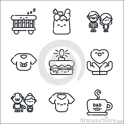 Family line icons. linear set. quality vector line set such as dad, mom, grandparents, heart, birthday cake, baby, couple, Vector Illustration