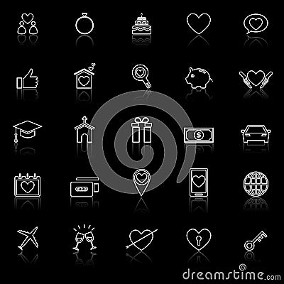 Family line icons with reflect on black background Vector Illustration