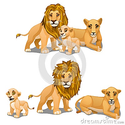 Family of lions, mother, father and baby. Vector Vector Illustration