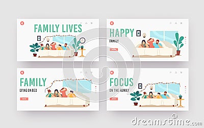 Family Lives Landing Page Template Set. Characters Mother, Father and Kids Lying Under Blanket on Bed in Cozy Room Vector Illustration