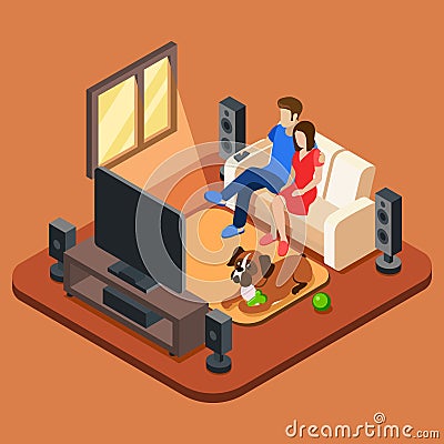 Family in the living room watching TV. 3d isometric people concept Vector Illustration