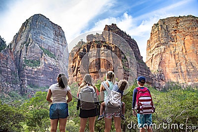 A Family looking at the amazing rock formations at Zion National Park Stock Photo