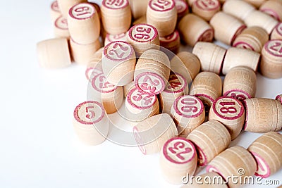 Family Lotto board game. Barrels with numbers Stock Photo