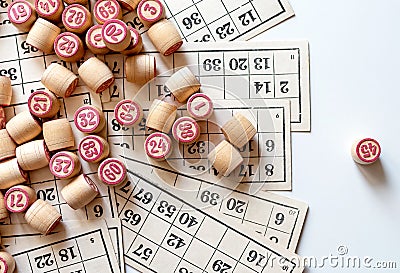 Family Lotto board game. Cards and barrels with numbers Stock Photo