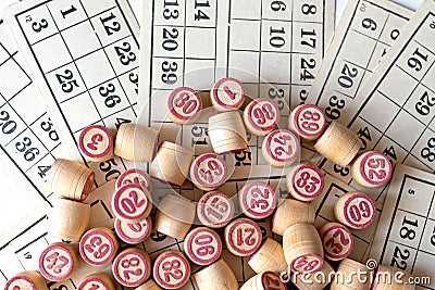 Family Lotto board game. Cards and barrels with numbers Stock Photo