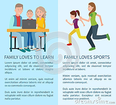 Family Loves to Learn and Sport Colorful Cards Vector Illustration
