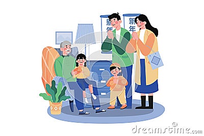 The Family Makes Greeting Gestures Together Vector Illustration