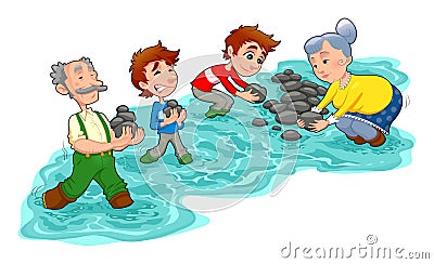 Family is making a little dam with stones. Vector Illustration