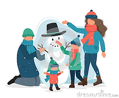 Family making a snowman in winter. Vector illustration in flat style Vector Illustration