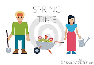 Family man and woman with potted flowers and gardening equipment isolated on a white background Vector Illustration