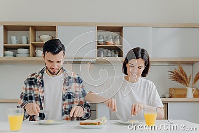 Family married couple pose at kitchen table, have delicious breakfast, talk about plannings on day, eat fried eggs and burgers, Stock Photo